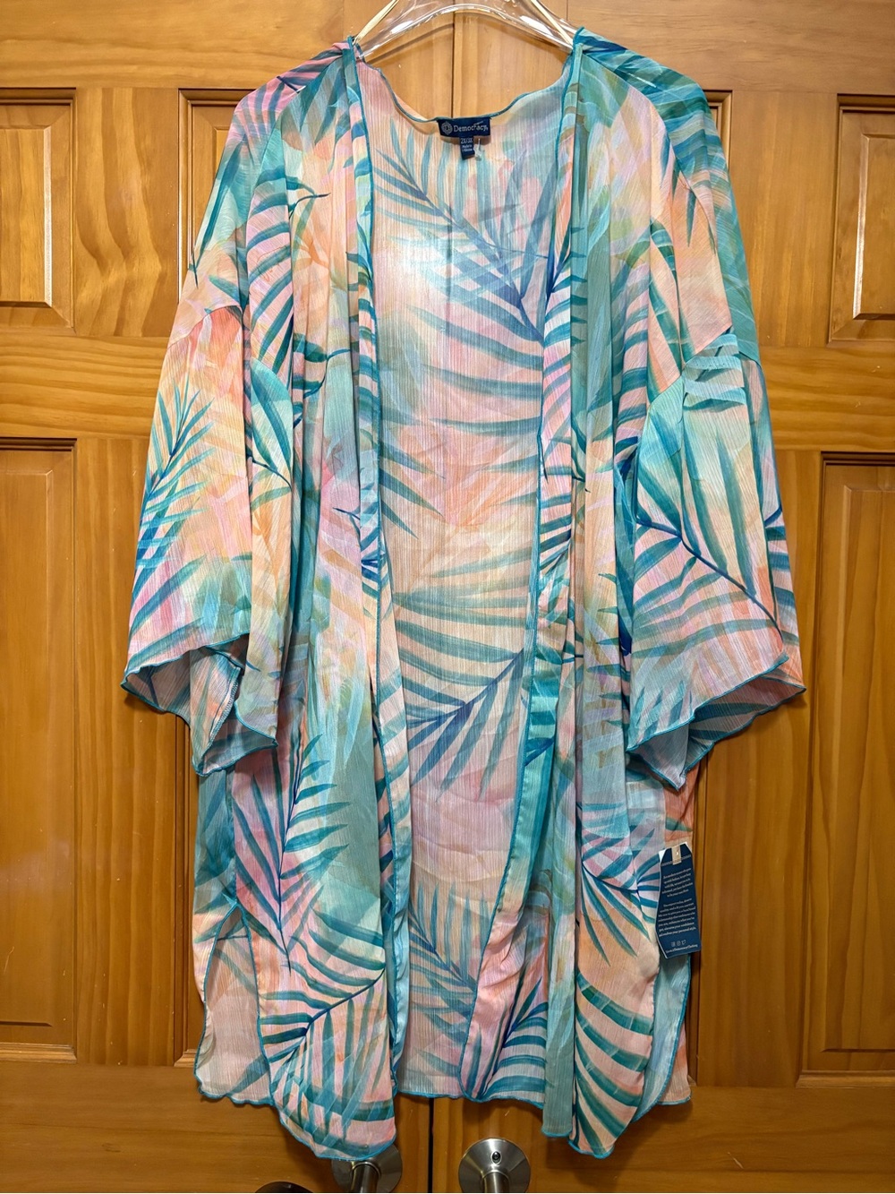 Democracy Tropical Palm Print Kimono Coverup in Teal and Peach Size 2X/3X NWT